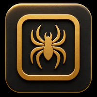 a black and gold icon with a spider on it